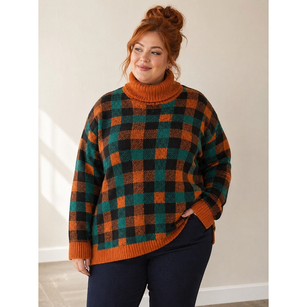 Studio Park Orange Green Plaid Turtleneck Sweater Size 2X Cozy Grandpa Core Fall